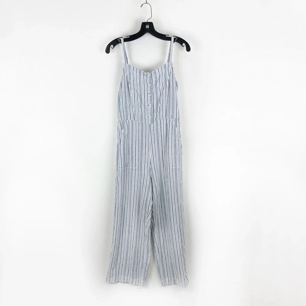 Old Navy Linen Cropped Jumpsuit Smocked Back Blue Stripe Boho Lagenlook - Picture 2 of 16